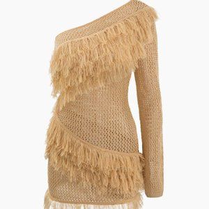 One Shoulder Fringe Openwork Knit Dress from MICAS